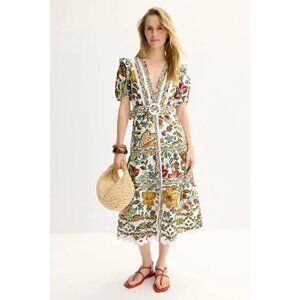 FARM Rio White Floral Embroidered Midi Dress with Multicolor Print